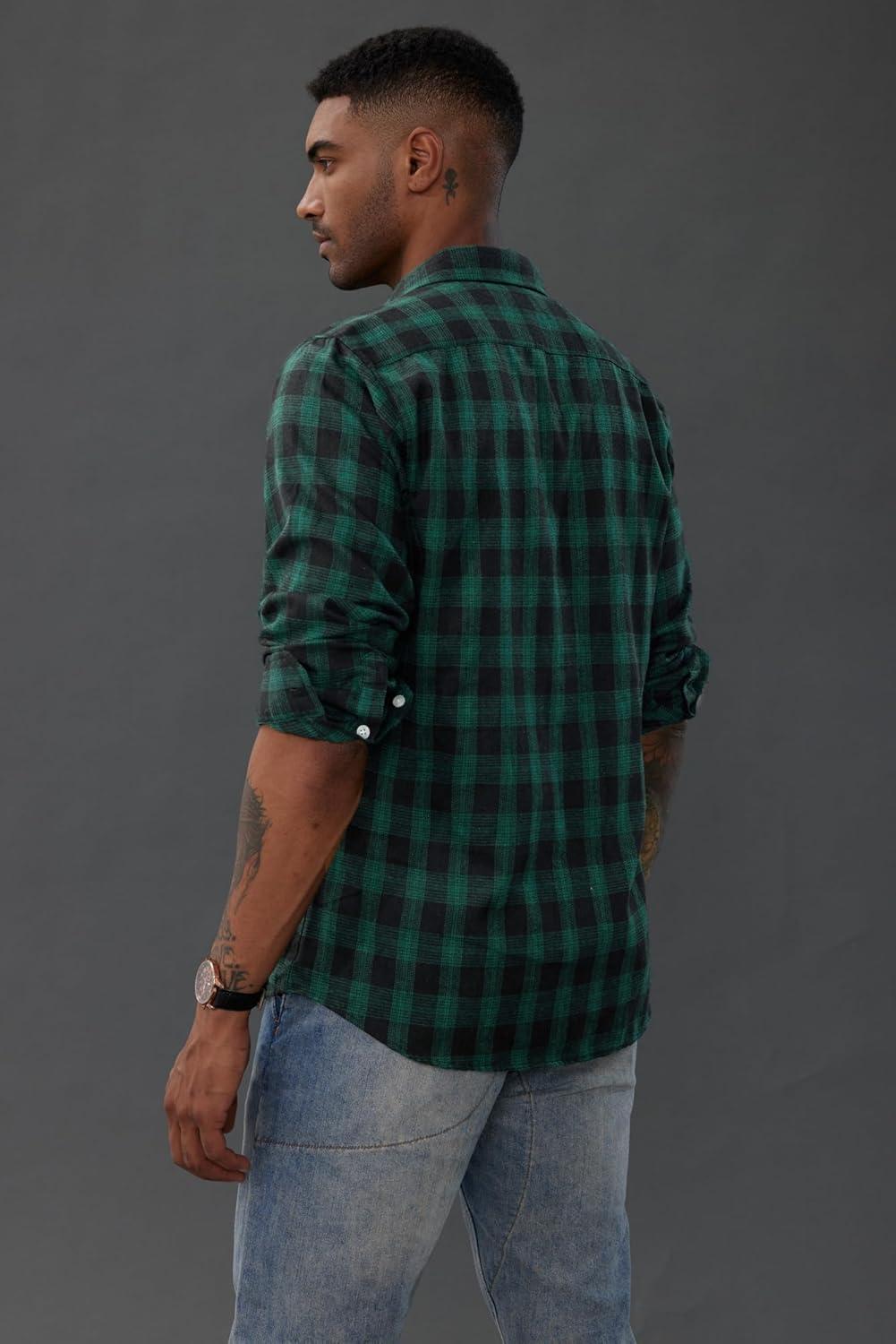 imagePJ PAUL JONES Mens Flannel Plaid Shirt Casual Long Sleeve Button Down Shirts with PocketsDark Green