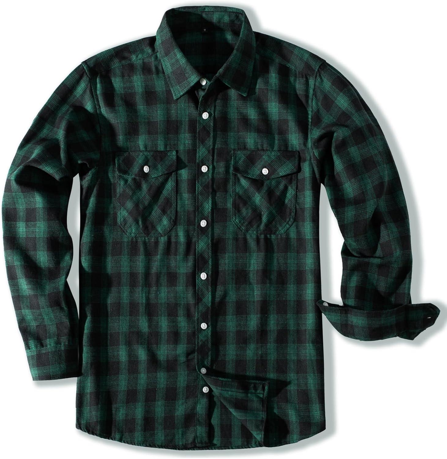 imagePJ PAUL JONES Mens Flannel Plaid Shirt Casual Long Sleeve Button Down Shirts with PocketsDark Green