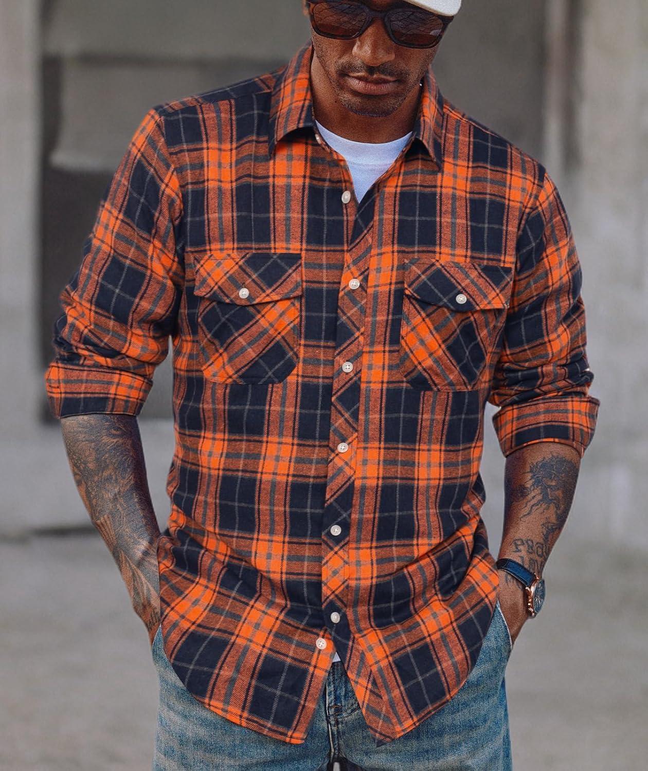 imagePJ PAUL JONES Mens Flannel Plaid Shirt Casual Long Sleeve Button Down Shirts with PocketsOrange
