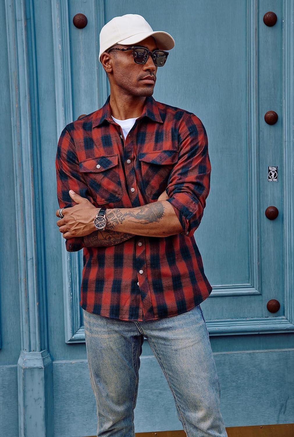 imagePJ PAUL JONES Mens Flannel Plaid Shirt Casual Long Sleeve Button Down Shirts with PocketsRed