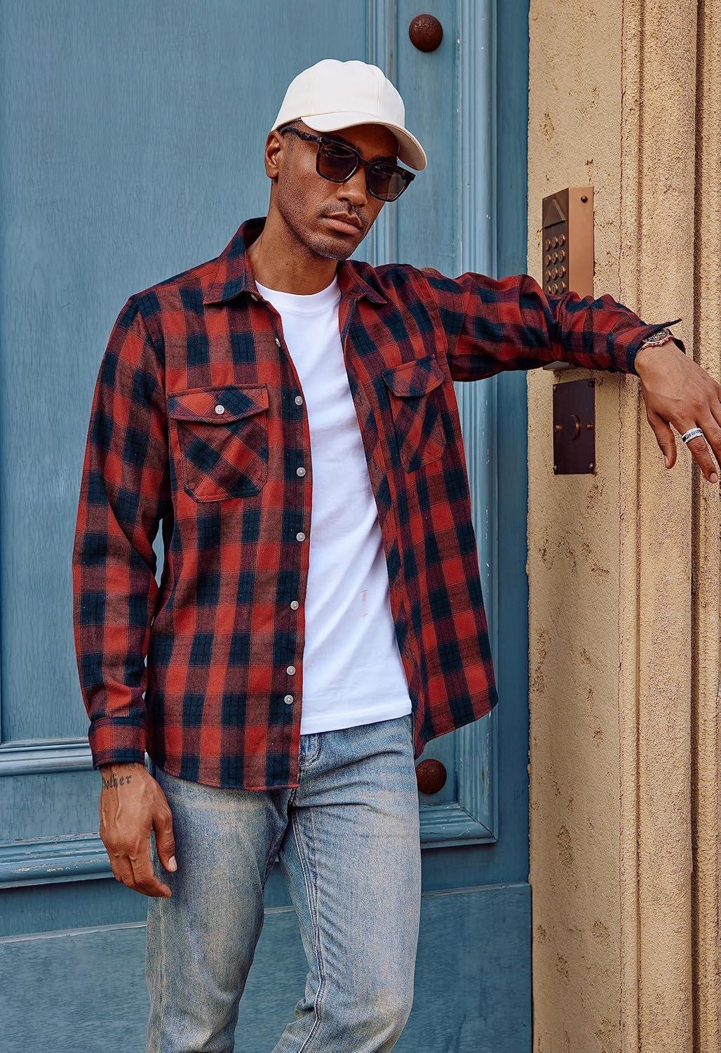 imagePJ PAUL JONES Mens Flannel Plaid Shirt Casual Long Sleeve Button Down Shirts with PocketsRed