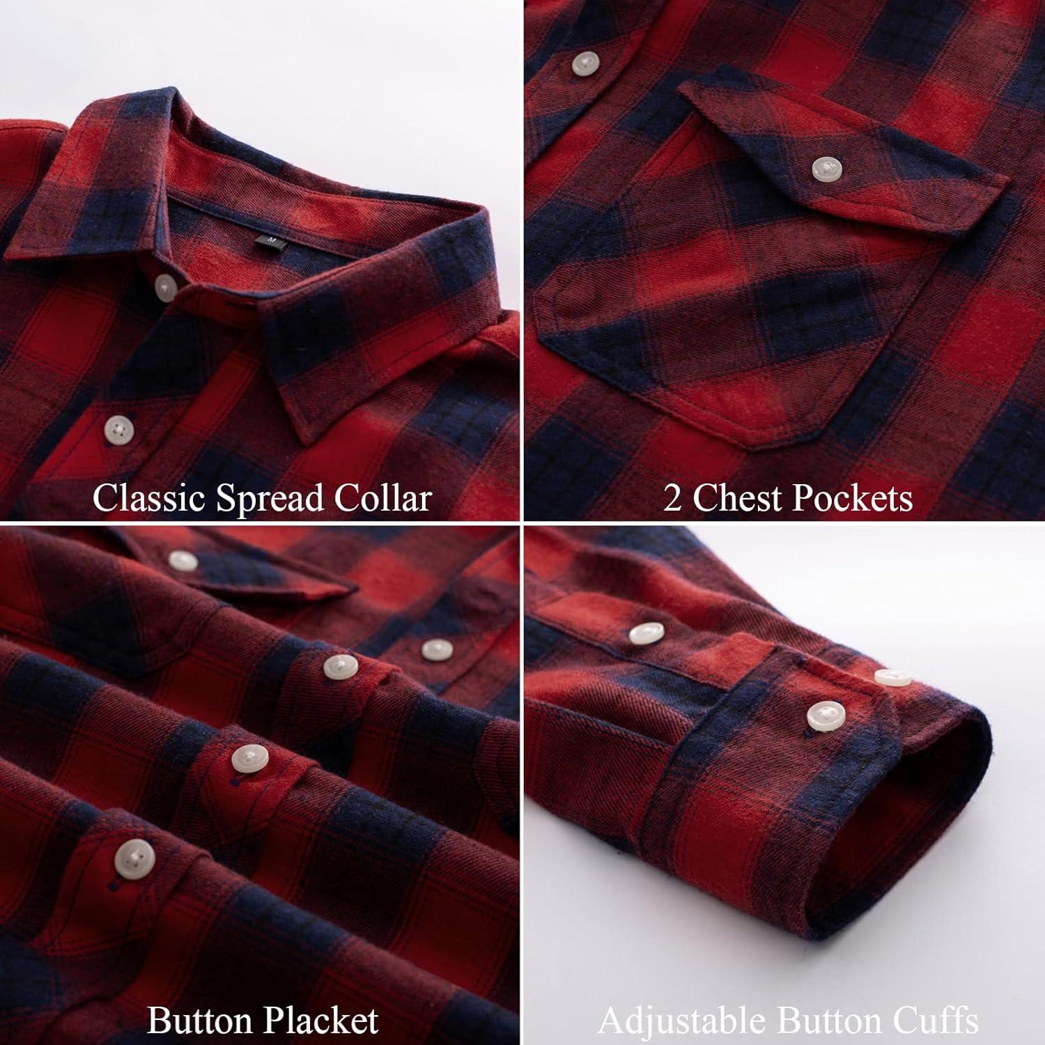 imagePJ PAUL JONES Mens Flannel Plaid Shirt Casual Long Sleeve Button Down Shirts with PocketsRed