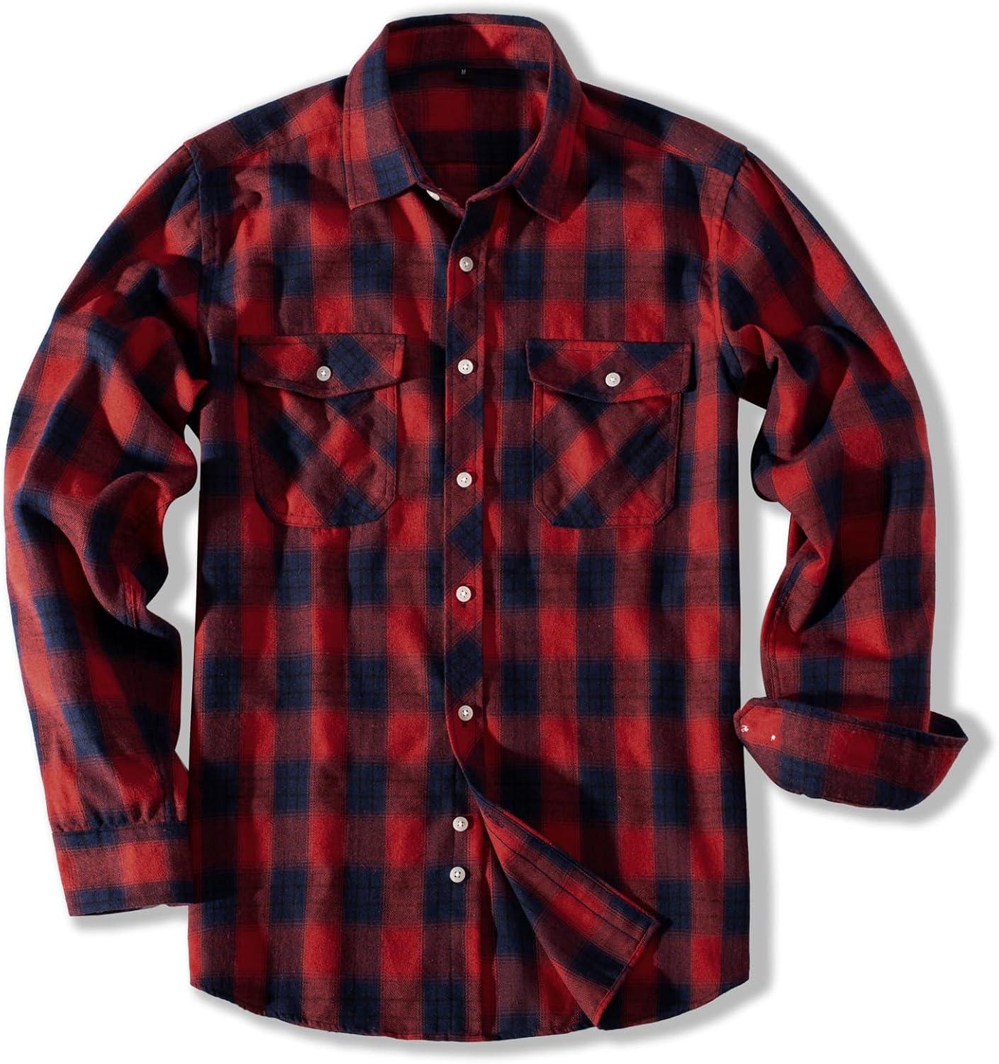 imagePJ PAUL JONES Mens Flannel Plaid Shirt Casual Long Sleeve Button Down Shirts with PocketsRed