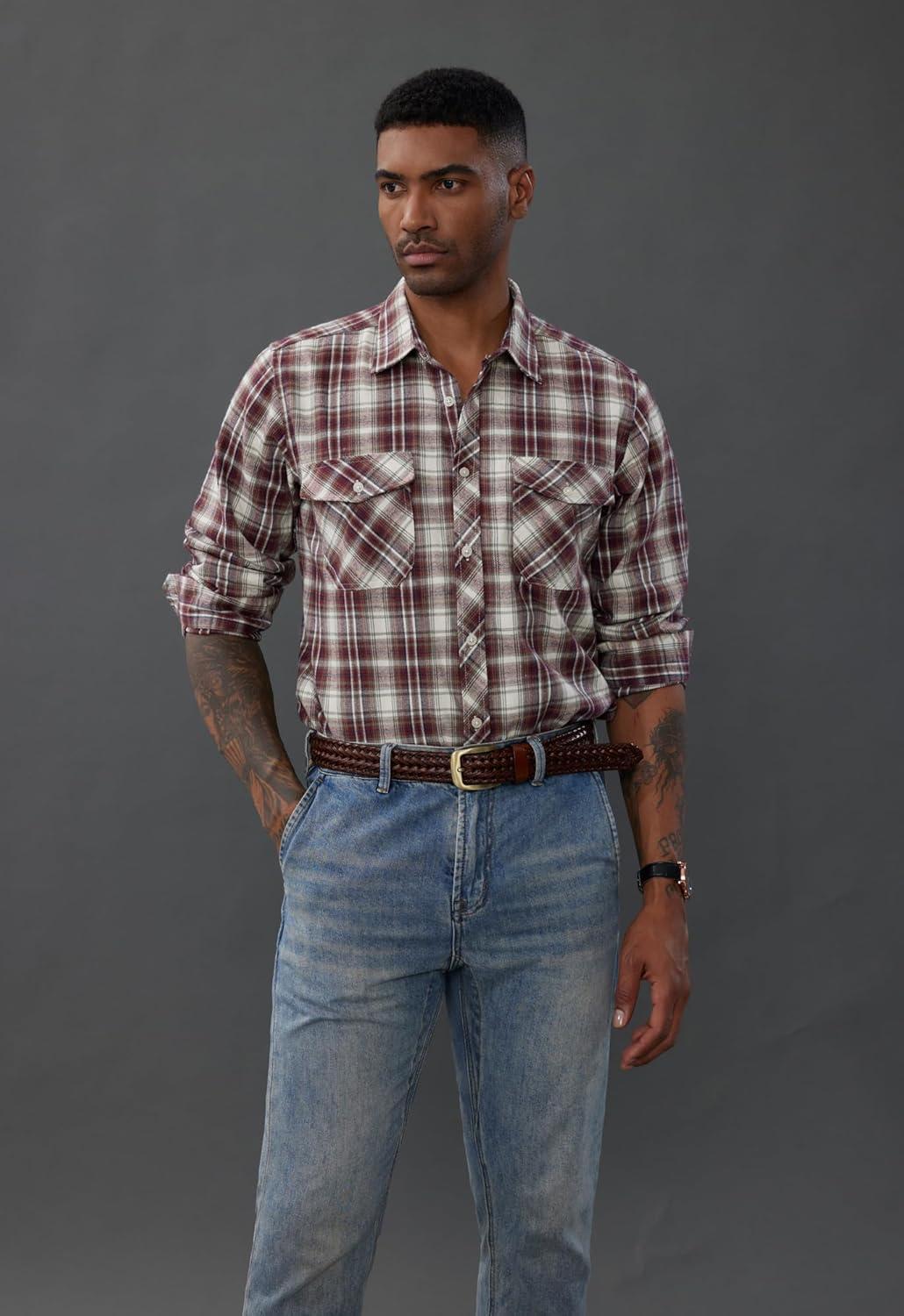 imagePJ PAUL JONES Mens Flannel Plaid Shirt Casual Long Sleeve Button Down Shirts with PocketsRed White