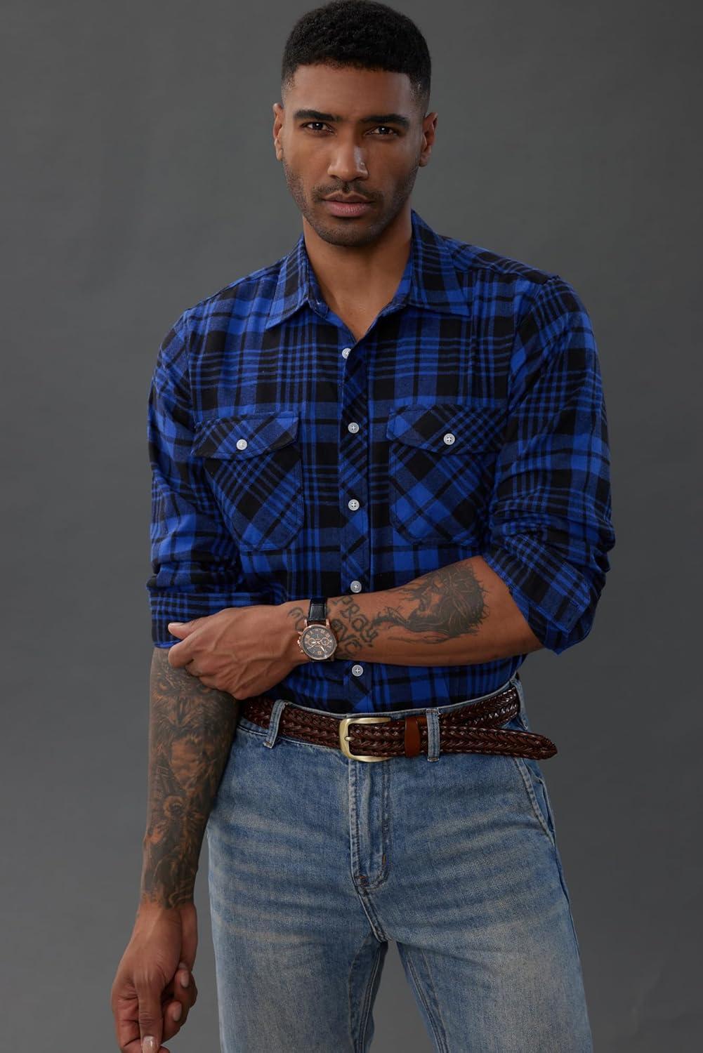 imagePJ PAUL JONES Mens Flannel Plaid Shirt Casual Long Sleeve Button Down Shirts with PocketsRoyal Blue