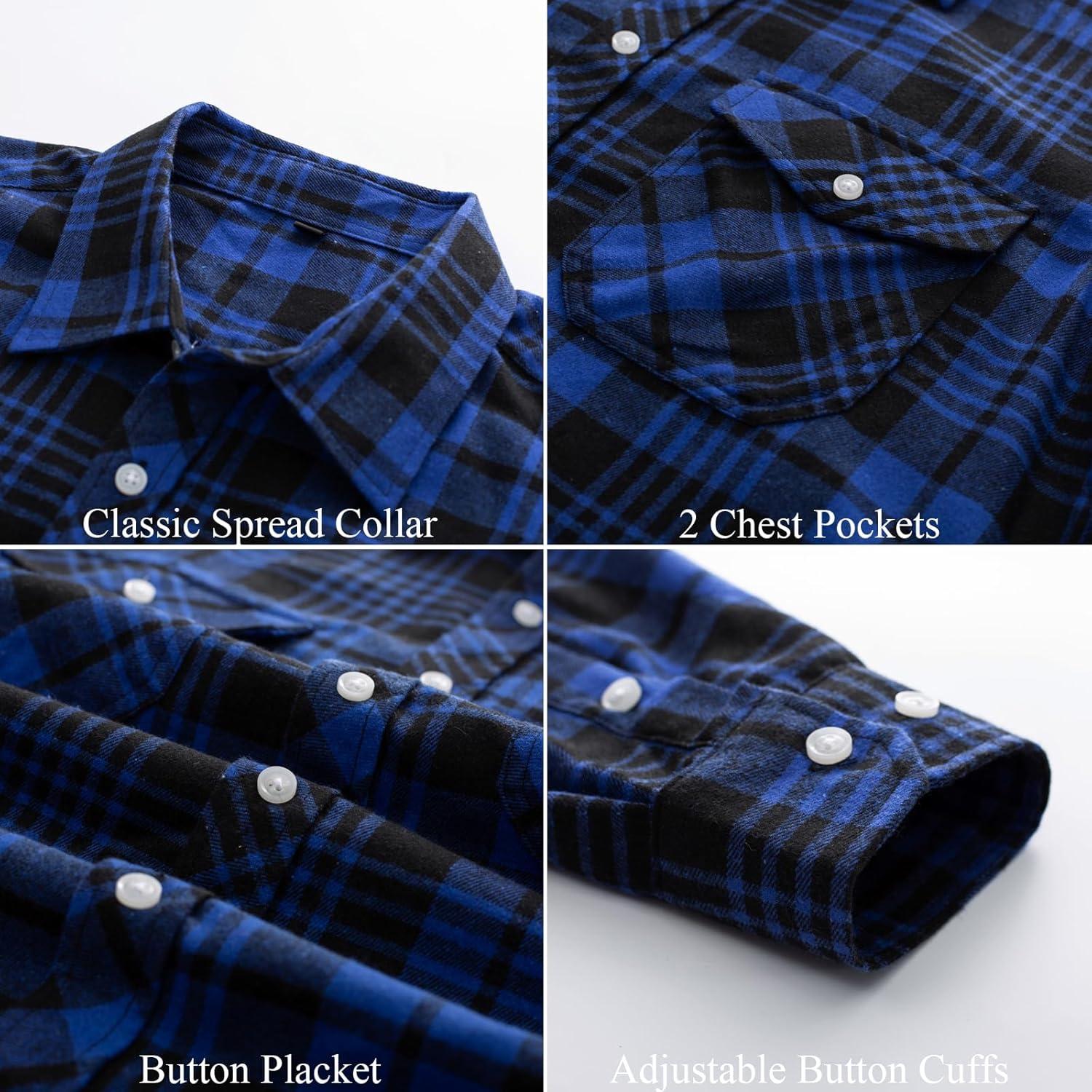 imagePJ PAUL JONES Mens Flannel Plaid Shirt Casual Long Sleeve Button Down Shirts with PocketsRoyal Blue