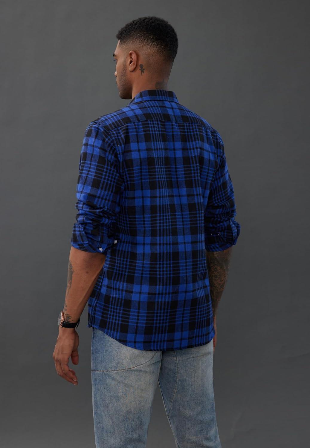 imagePJ PAUL JONES Mens Flannel Plaid Shirt Casual Long Sleeve Button Down Shirts with PocketsRoyal Blue