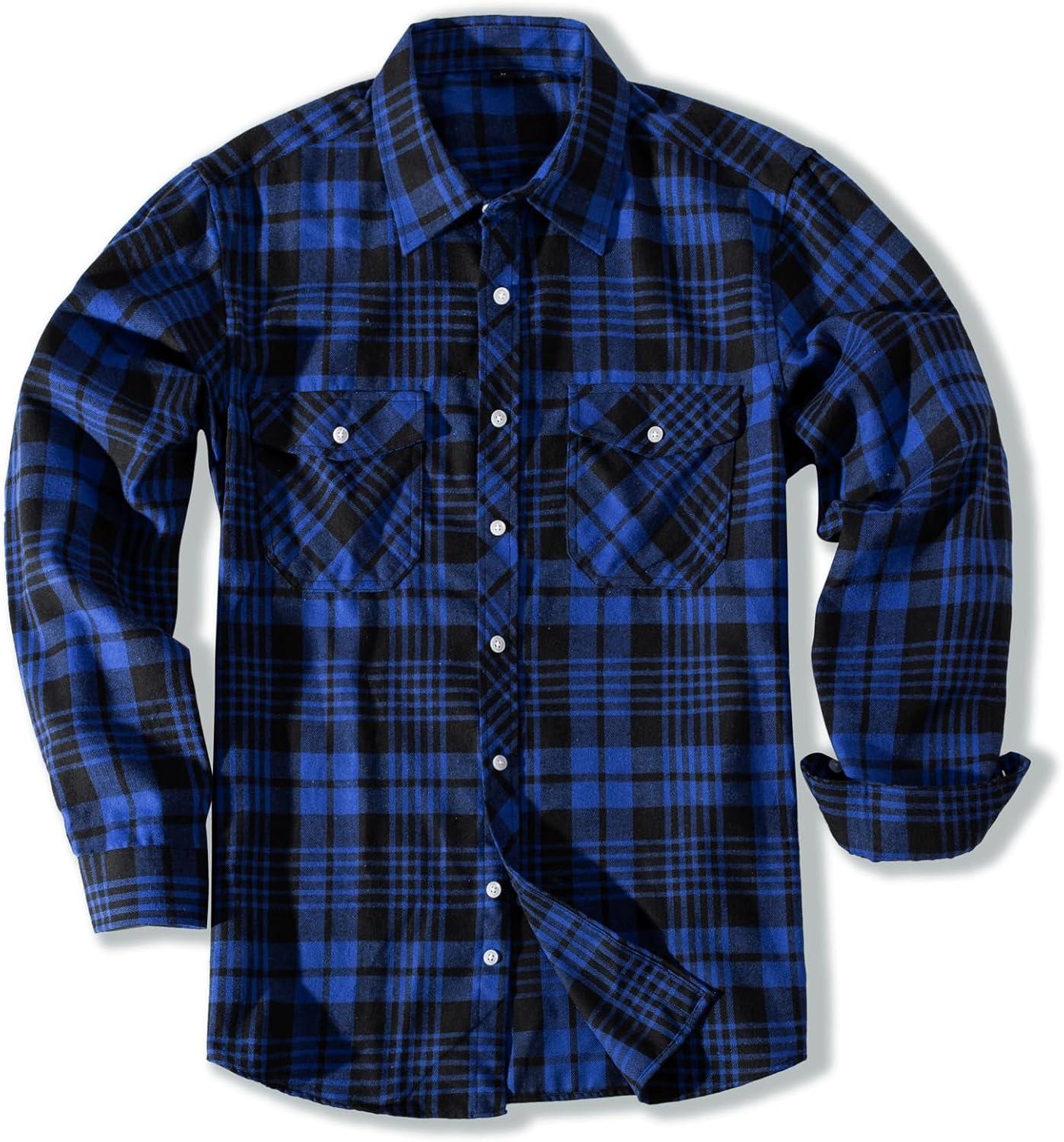 imagePJ PAUL JONES Mens Flannel Plaid Shirt Casual Long Sleeve Button Down Shirts with PocketsRoyal Blue