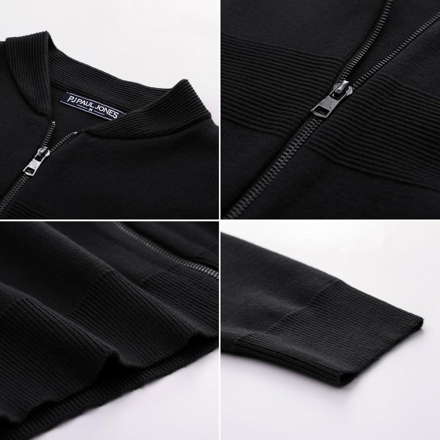 imagePJ PAUL JONES Mens Full Zip Cardigan Sweater Stand Collar Regular Fit Knit SweatersBlack