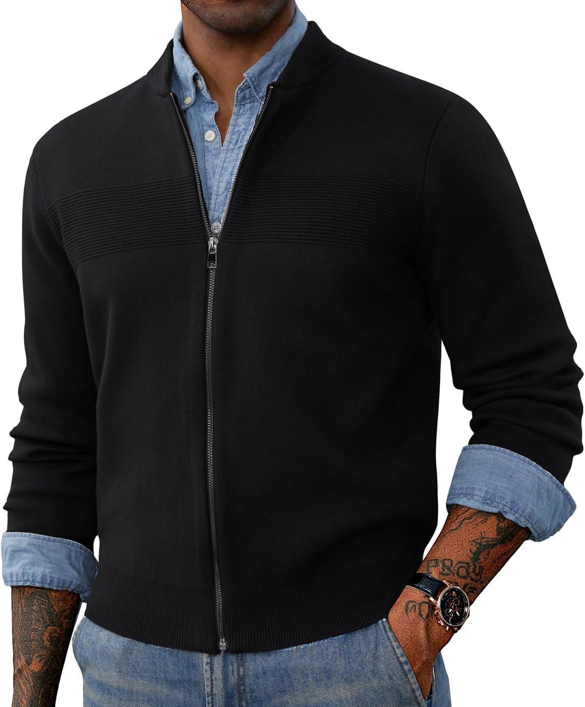 imagePJ PAUL JONES Mens Full Zip Cardigan Sweater Stand Collar Regular Fit Knit SweatersBlack