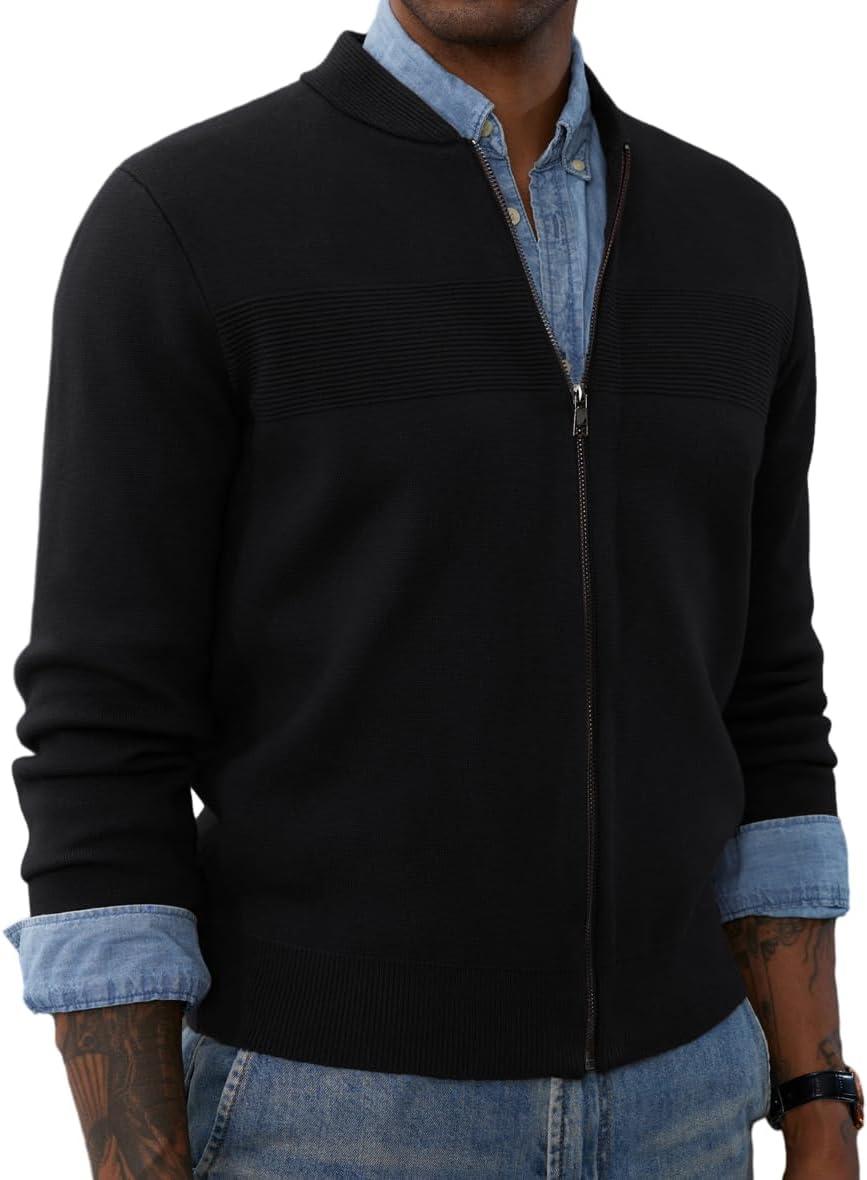 imagePJ PAUL JONES Mens Full Zip Cardigan Sweater Stand Collar Regular Fit Knit SweatersBlack