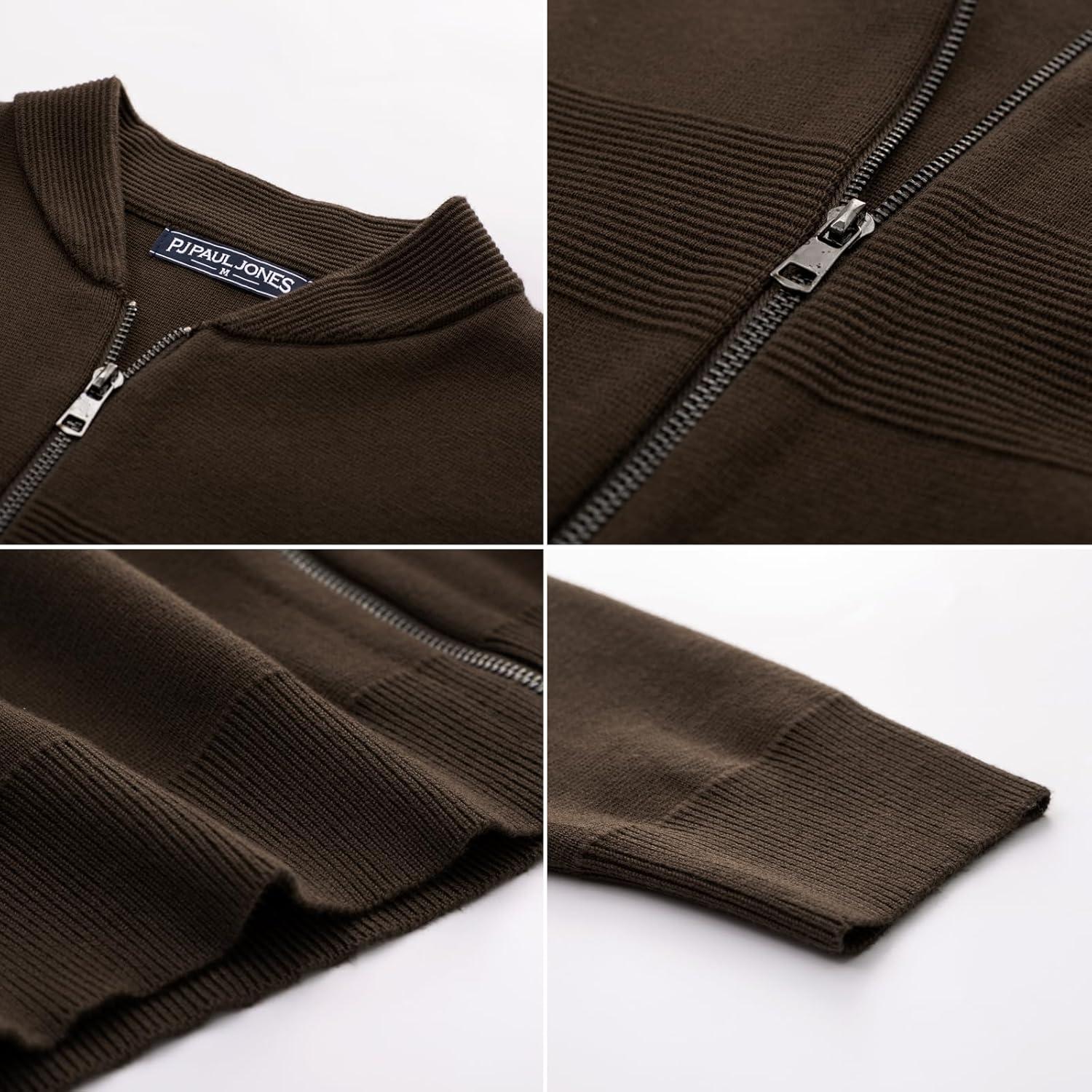imagePJ PAUL JONES Mens Full Zip Cardigan Sweater Stand Collar Regular Fit Knit SweatersBrown