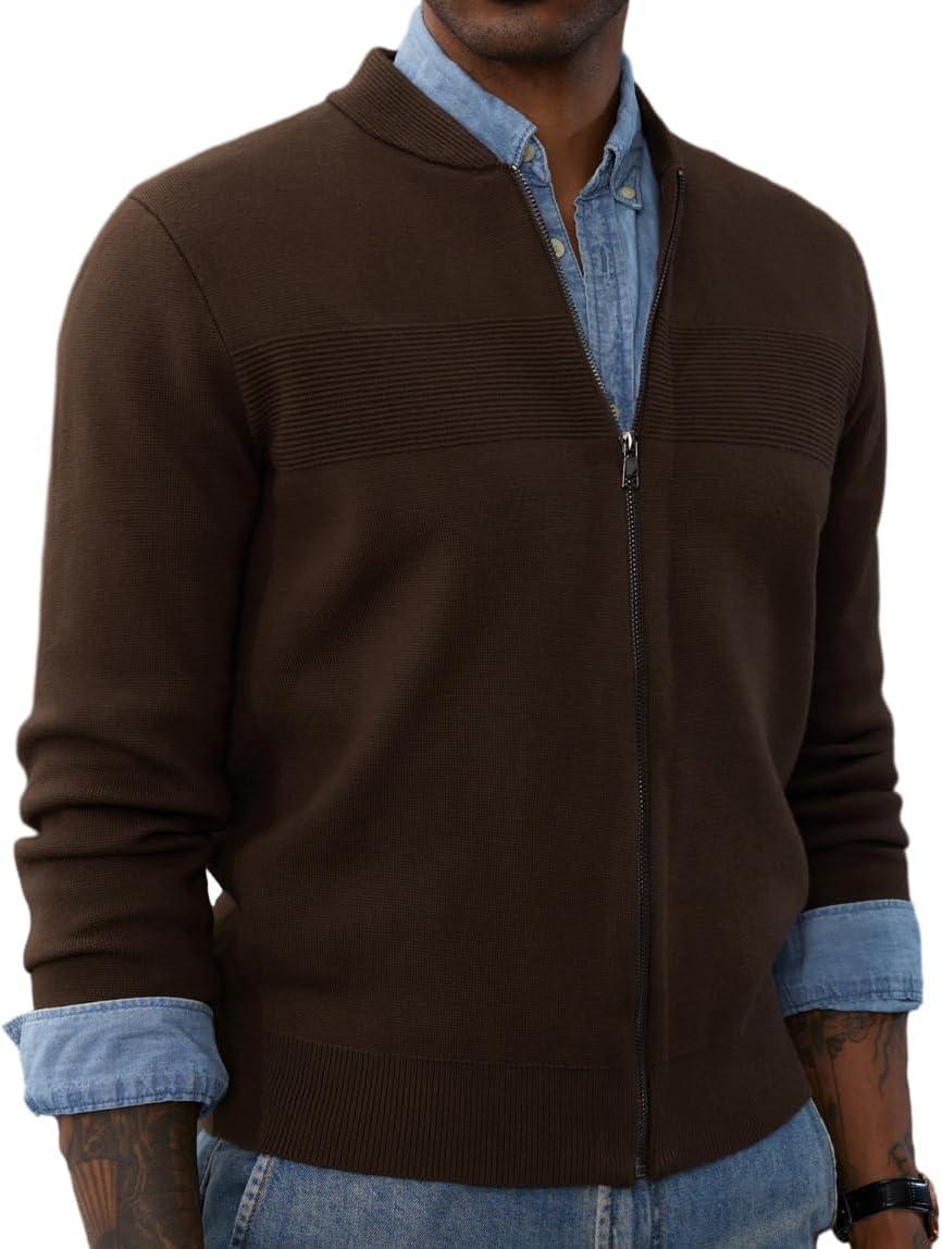 imagePJ PAUL JONES Mens Full Zip Cardigan Sweater Stand Collar Regular Fit Knit SweatersBrown