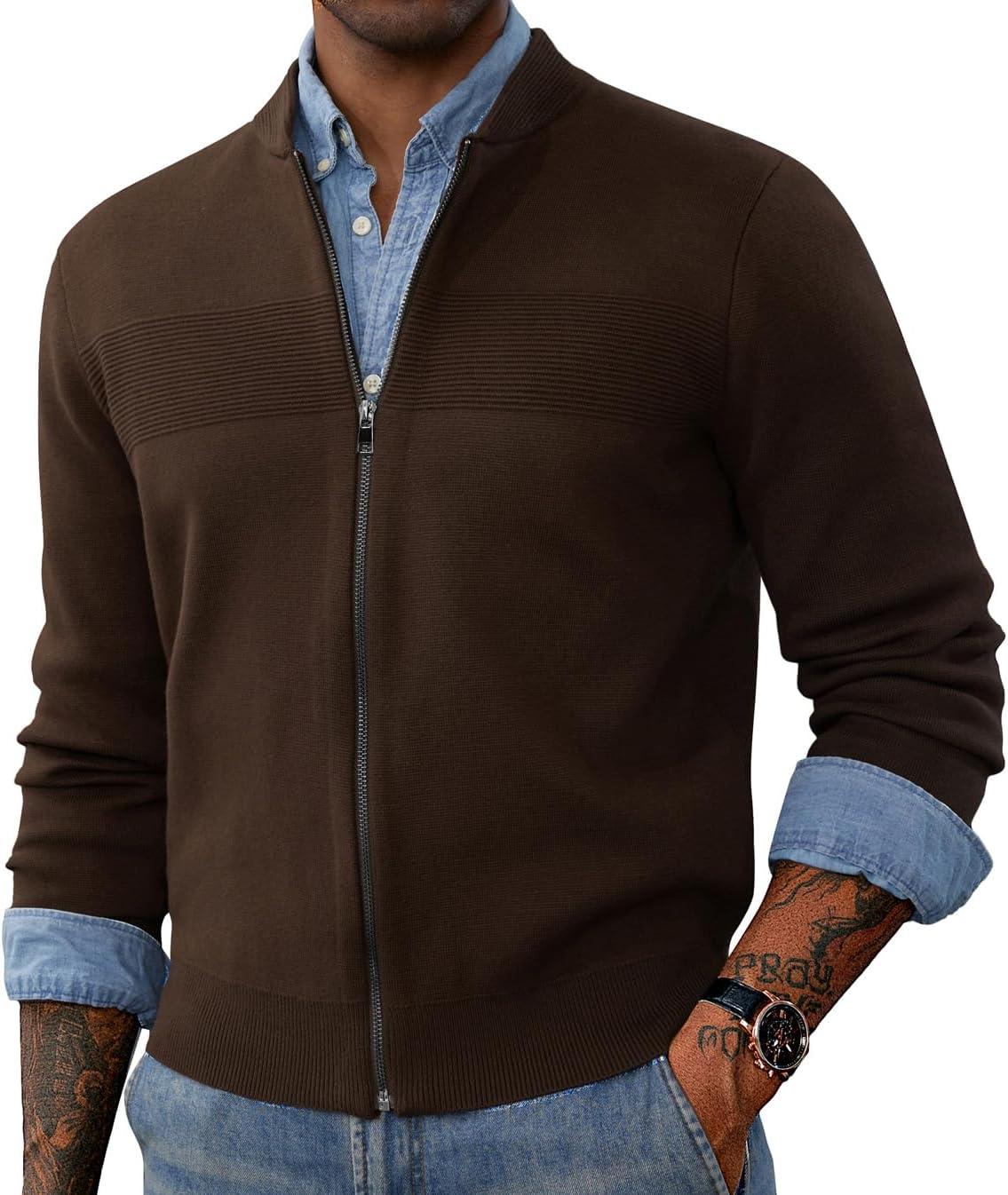 imagePJ PAUL JONES Mens Full Zip Cardigan Sweater Stand Collar Regular Fit Knit SweatersBrown