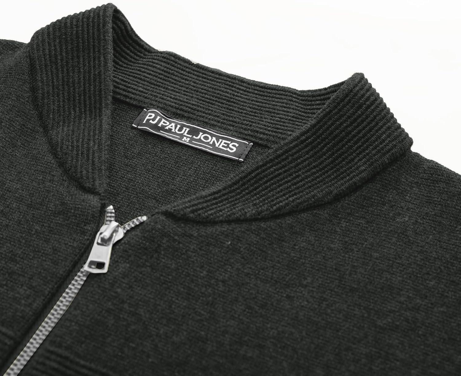 imagePJ PAUL JONES Mens Full Zip Cardigan Sweater Stand Collar Regular Fit Knit SweatersCharcoal Grey