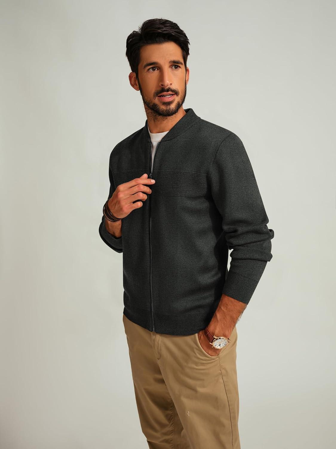 imagePJ PAUL JONES Mens Full Zip Cardigan Sweater Stand Collar Regular Fit Knit SweatersCharcoal Grey