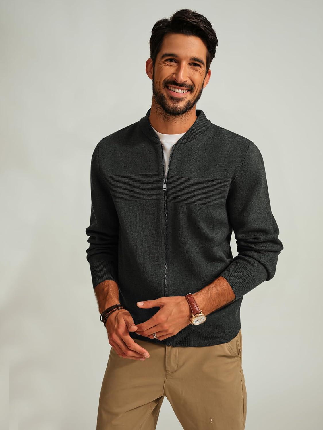 imagePJ PAUL JONES Mens Full Zip Cardigan Sweater Stand Collar Regular Fit Knit SweatersCharcoal Grey