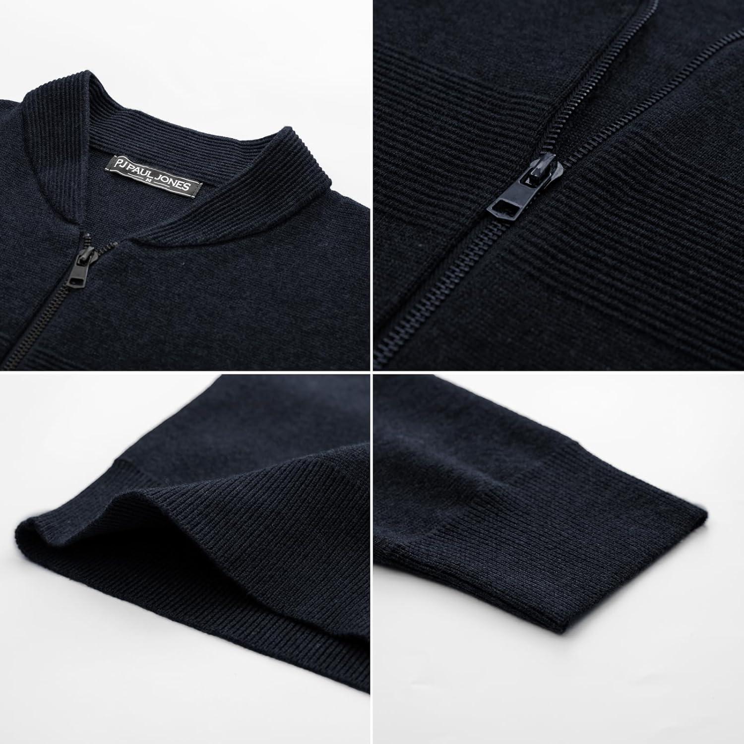 imagePJ PAUL JONES Mens Full Zip Cardigan Sweater Stand Collar Regular Fit Knit SweatersDark Blue