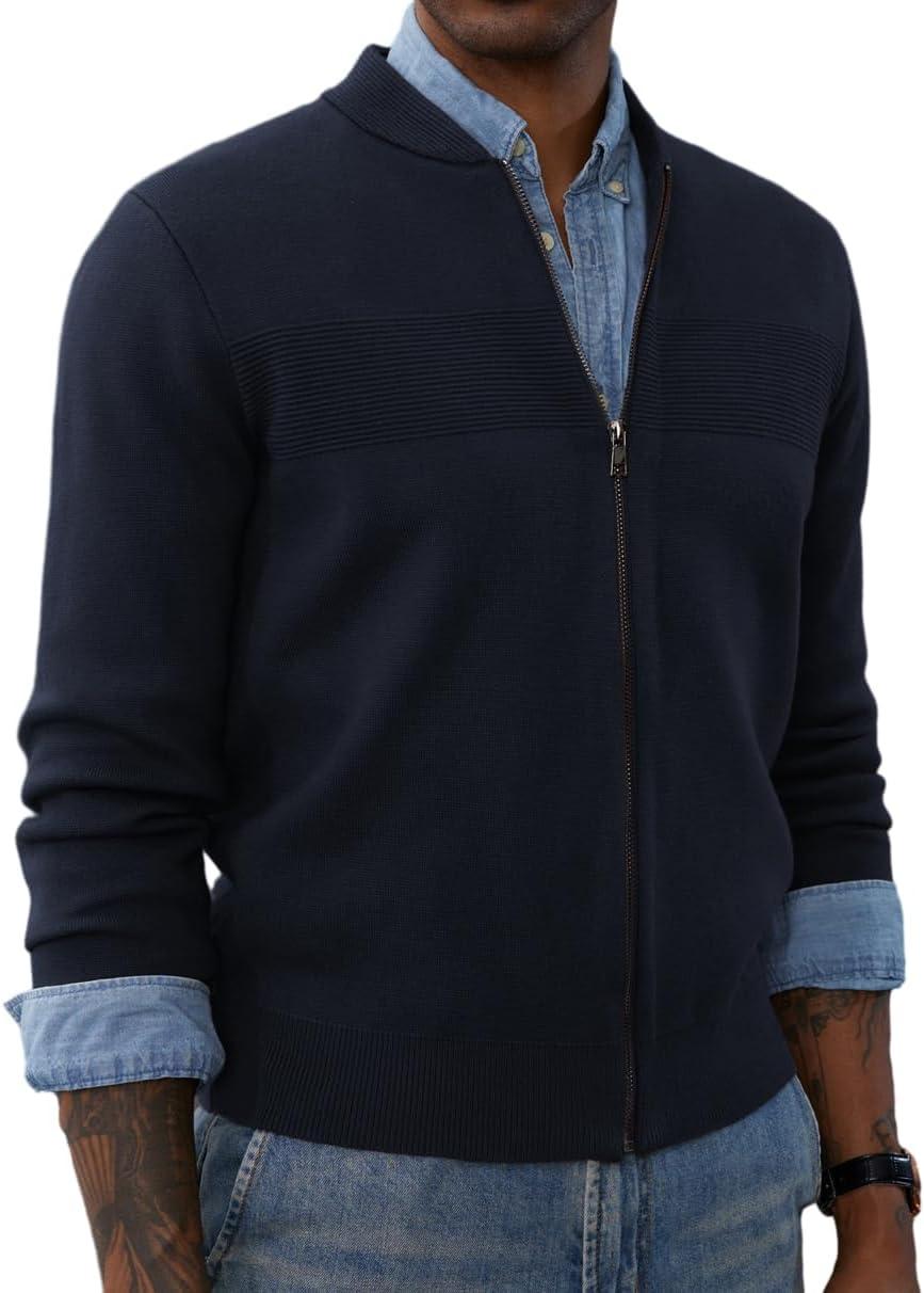 imagePJ PAUL JONES Mens Full Zip Cardigan Sweater Stand Collar Regular Fit Knit SweatersDark Blue