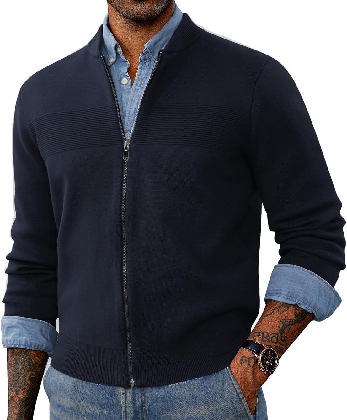 imagePJ PAUL JONES Mens Full Zip Cardigan Sweater Stand Collar Regular Fit Knit SweatersDark Blue
