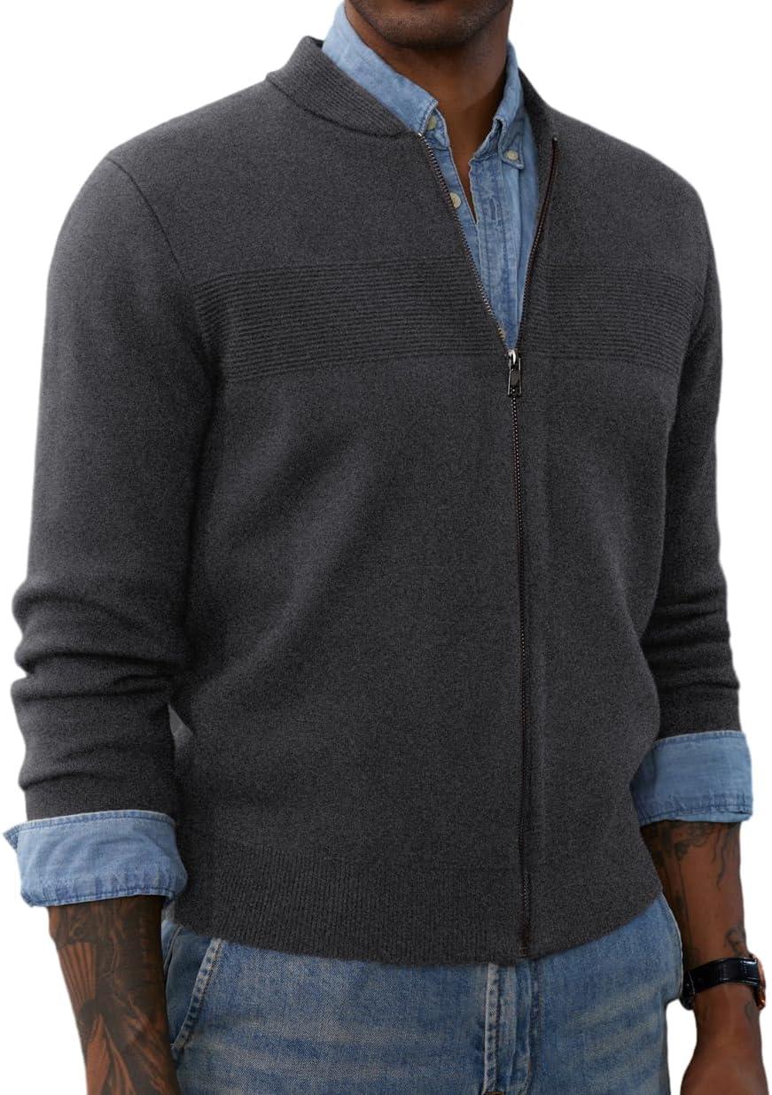 imagePJ PAUL JONES Mens Full Zip Cardigan Sweater Stand Collar Regular Fit Knit SweatersDark Grey