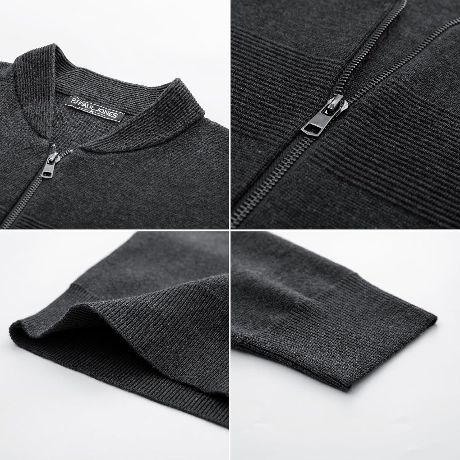 imagePJ PAUL JONES Mens Full Zip Cardigan Sweater Stand Collar Regular Fit Knit SweatersDark Grey