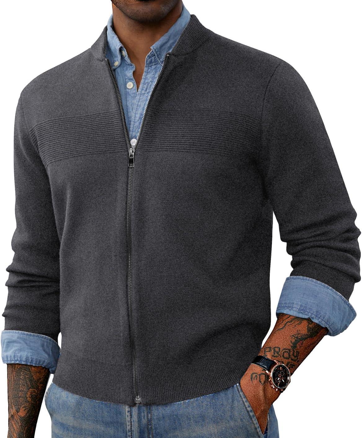 imagePJ PAUL JONES Mens Full Zip Cardigan Sweater Stand Collar Regular Fit Knit SweatersDark Grey