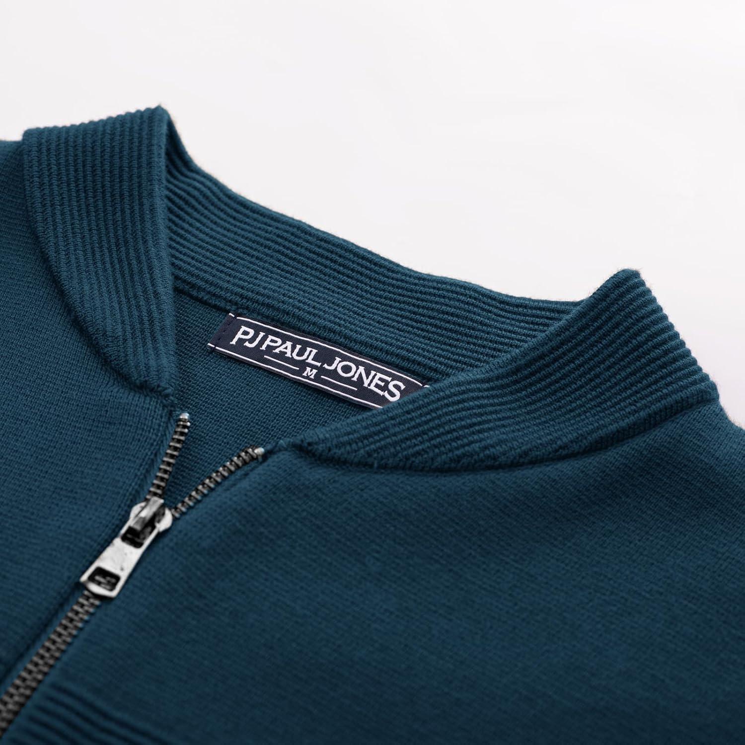imagePJ PAUL JONES Mens Full Zip Cardigan Sweater Stand Collar Regular Fit Knit SweatersGrey Blue