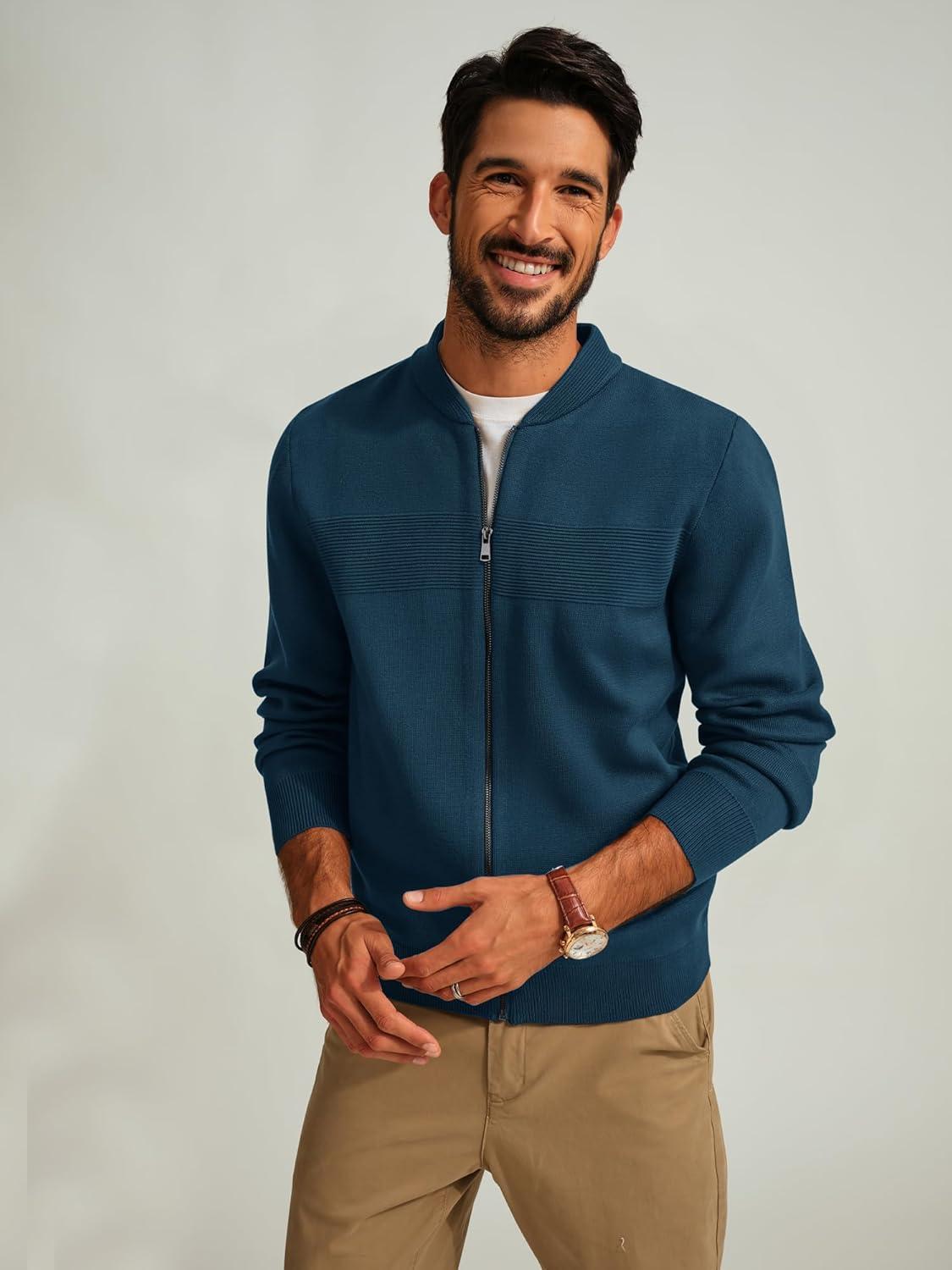 imagePJ PAUL JONES Mens Full Zip Cardigan Sweater Stand Collar Regular Fit Knit SweatersGrey Blue