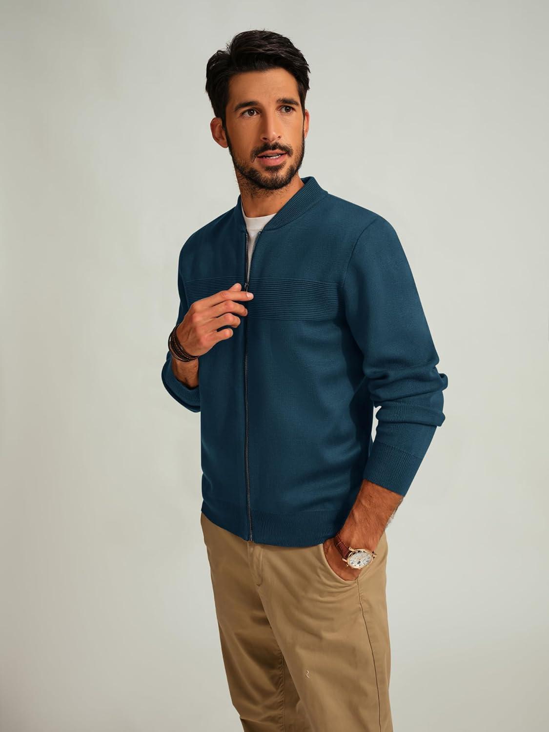 imagePJ PAUL JONES Mens Full Zip Cardigan Sweater Stand Collar Regular Fit Knit SweatersGrey Blue