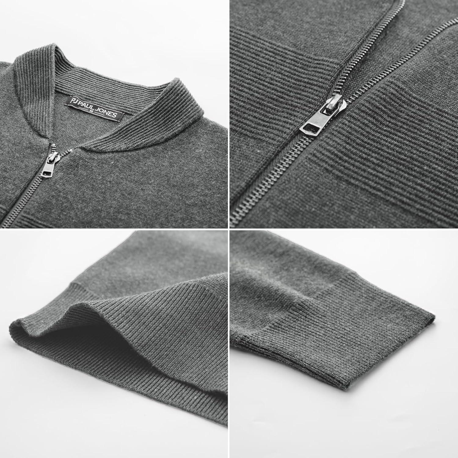 imagePJ PAUL JONES Mens Full Zip Cardigan Sweater Stand Collar Regular Fit Knit SweatersMedium Gray