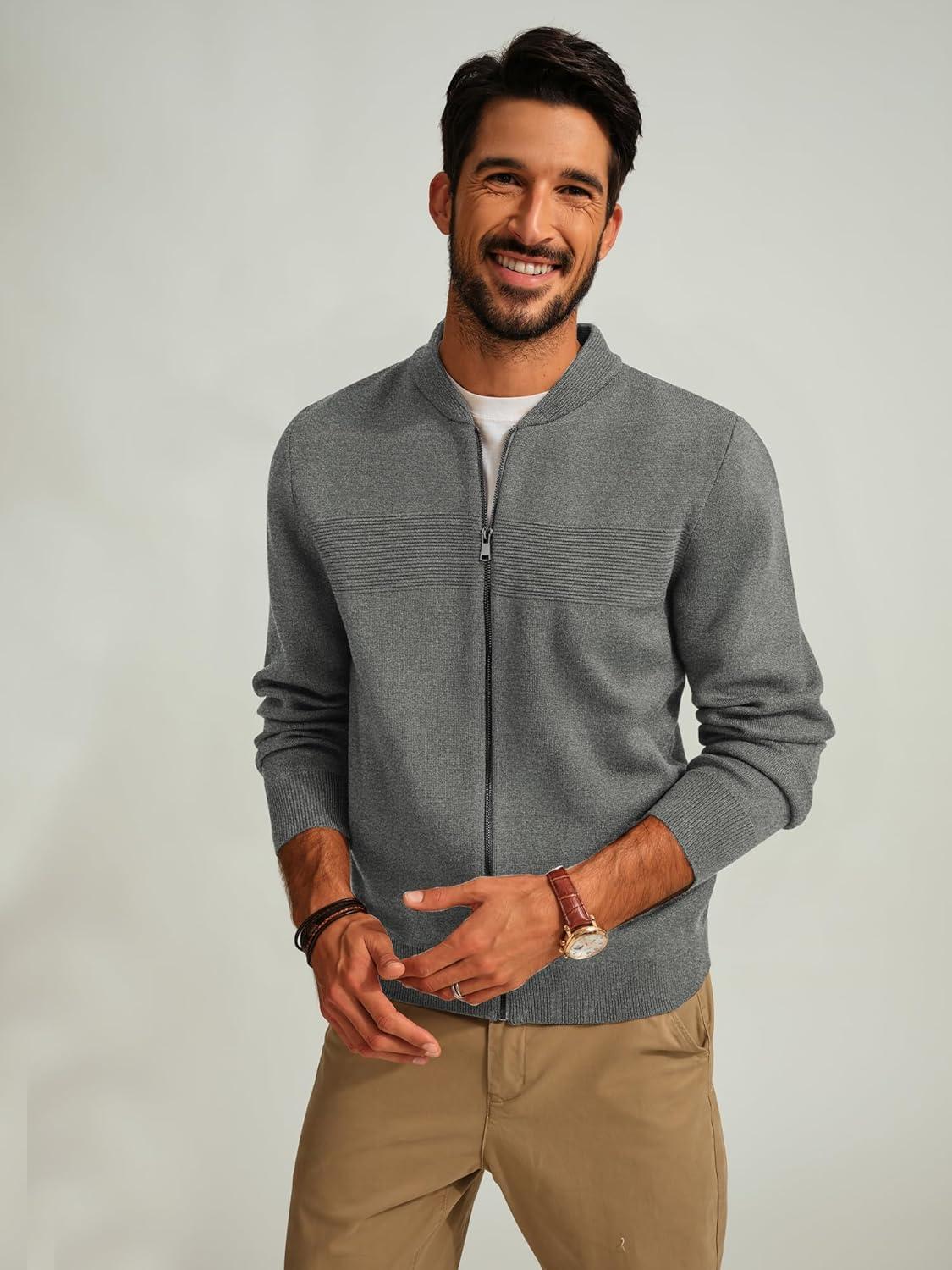 imagePJ PAUL JONES Mens Full Zip Cardigan Sweater Stand Collar Regular Fit Knit SweatersMedium Gray