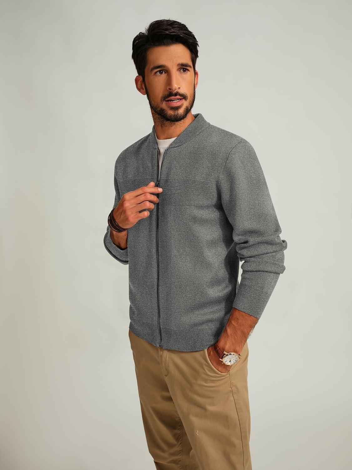 imagePJ PAUL JONES Mens Full Zip Cardigan Sweater Stand Collar Regular Fit Knit SweatersMedium Gray