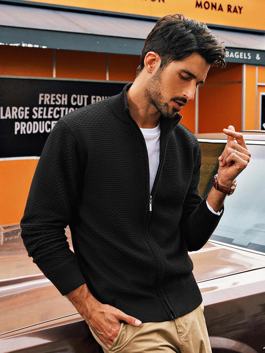 imagePJ PAUL JONES Mens Full Zip Cardigan Sweaters Casual Stand Collar Cardigan Slim Fit Knitted SweaterBlack