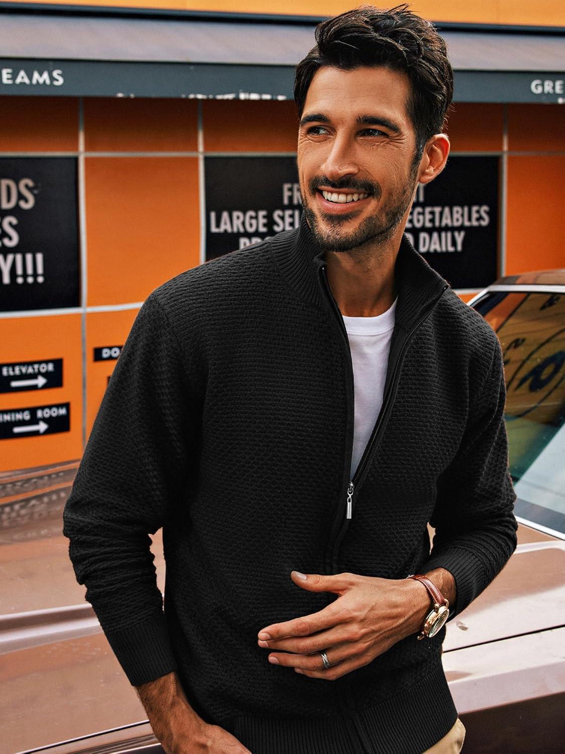 imagePJ PAUL JONES Mens Full Zip Cardigan Sweaters Casual Stand Collar Cardigan Slim Fit Knitted SweaterBlack