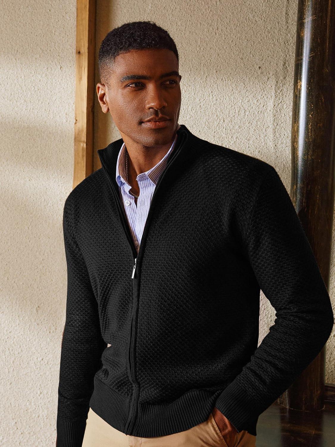 imagePJ PAUL JONES Mens Full Zip Cardigan Sweaters Casual Stand Collar Cardigan Slim Fit Knitted SweaterBlack