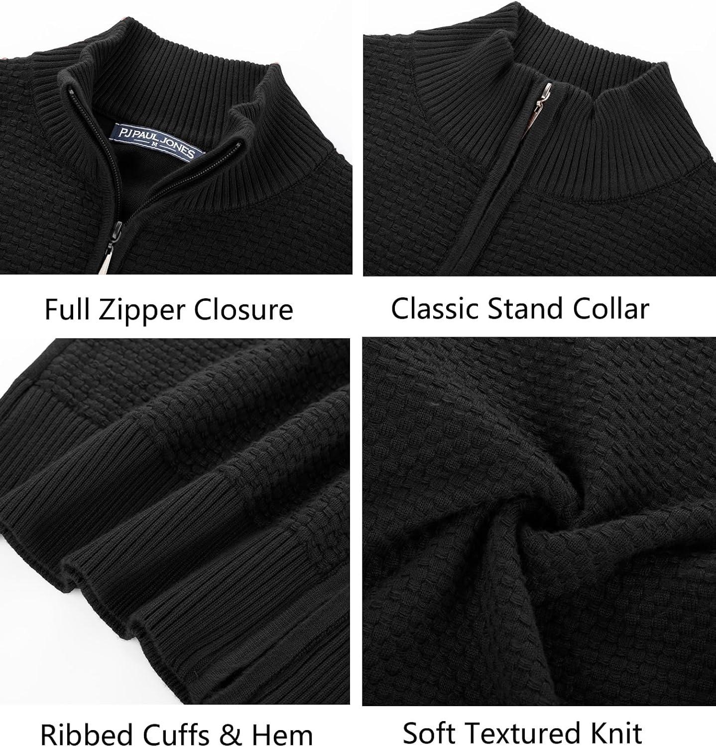 imagePJ PAUL JONES Mens Full Zip Cardigan Sweaters Casual Stand Collar Cardigan Slim Fit Knitted SweaterBlack