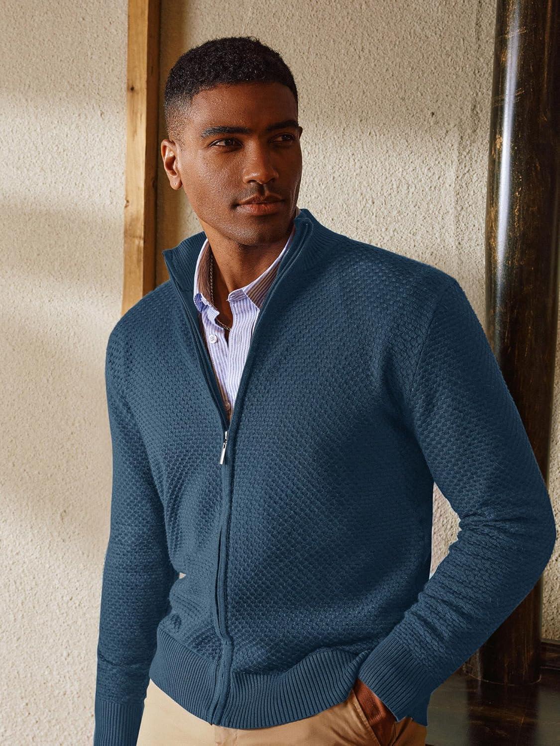 imagePJ PAUL JONES Mens Full Zip Cardigan Sweaters Casual Stand Collar Cardigan Slim Fit Knitted SweaterBlue Grey