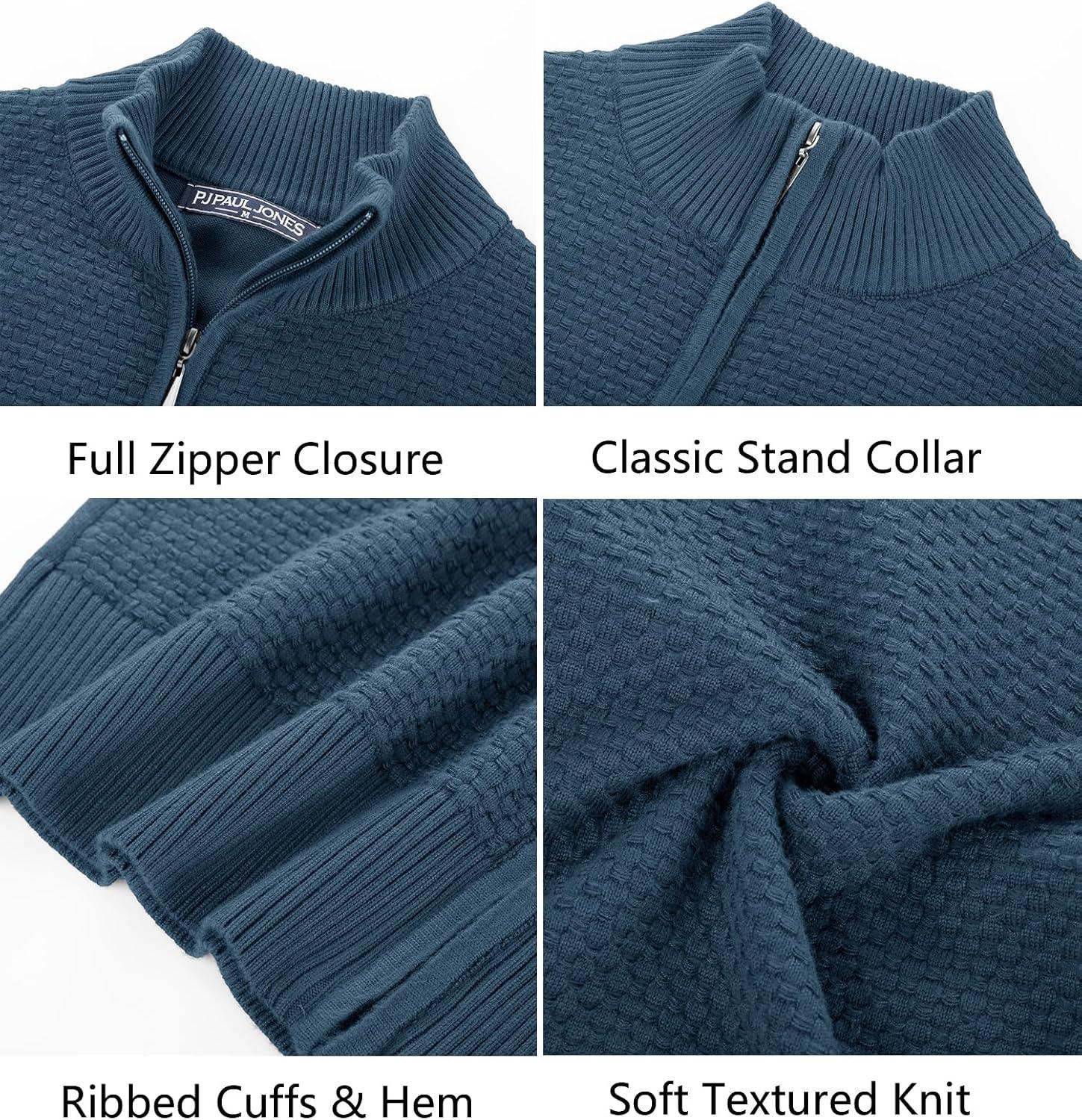 imagePJ PAUL JONES Mens Full Zip Cardigan Sweaters Casual Stand Collar Cardigan Slim Fit Knitted SweaterBlue Grey
