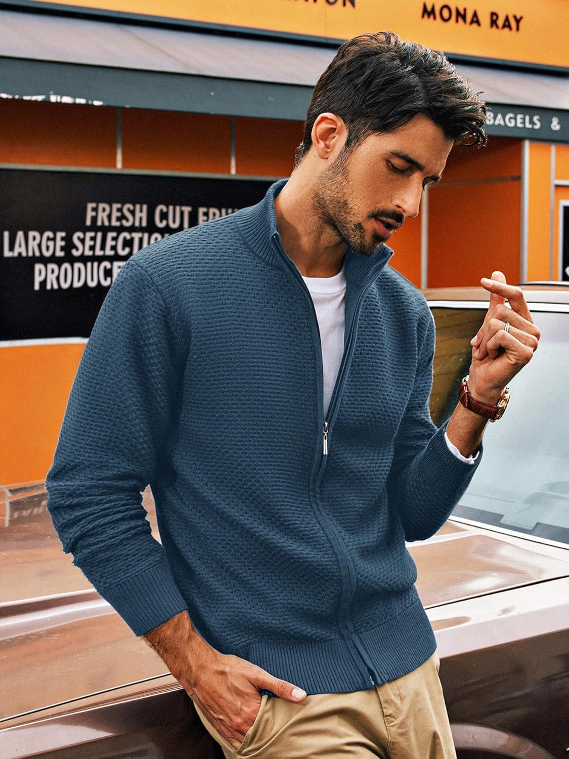 imagePJ PAUL JONES Mens Full Zip Cardigan Sweaters Casual Stand Collar Cardigan Slim Fit Knitted SweaterBlue Grey