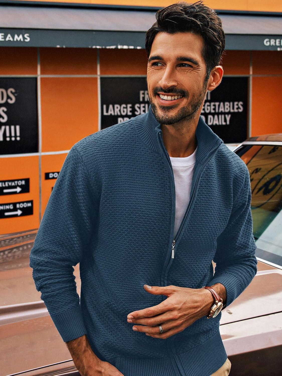 imagePJ PAUL JONES Mens Full Zip Cardigan Sweaters Casual Stand Collar Cardigan Slim Fit Knitted SweaterBlue Grey