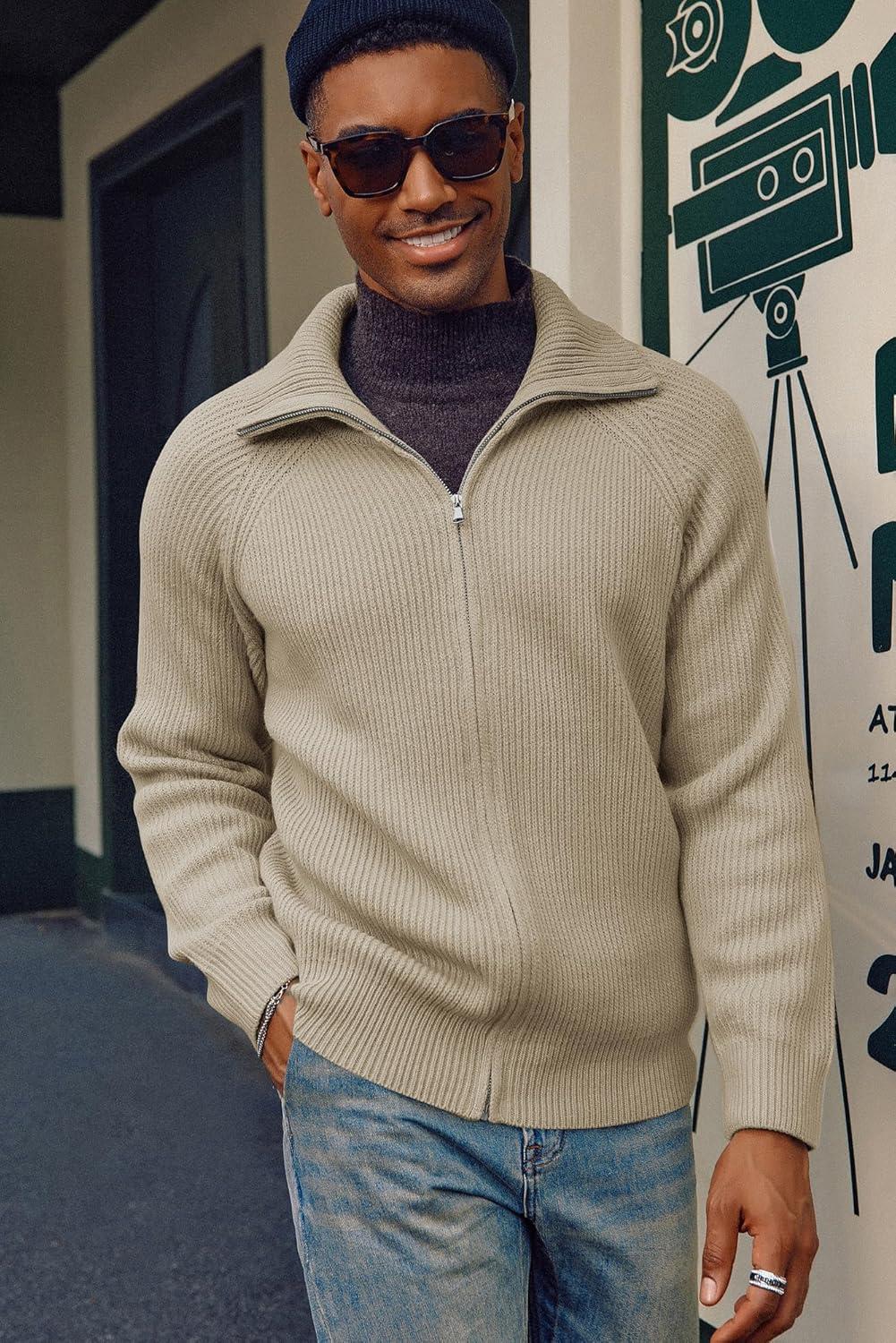 imagePJ PAUL JONES Mens Full Zip Cardigan Sweaters Unisex Relax Fit Lapel Collar Raglan Sleeve Casual Ribbed SweaterApricot