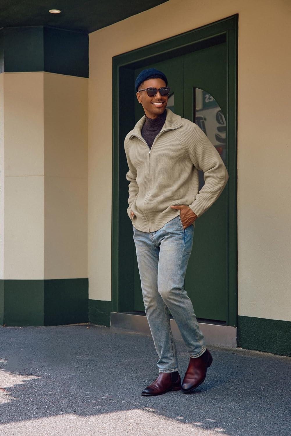 imagePJ PAUL JONES Mens Full Zip Cardigan Sweaters Unisex Relax Fit Lapel Collar Raglan Sleeve Casual Ribbed SweaterApricot