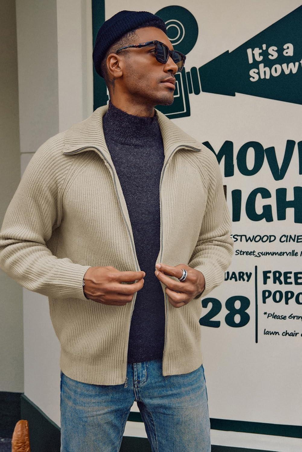 imagePJ PAUL JONES Mens Full Zip Cardigan Sweaters Unisex Relax Fit Lapel Collar Raglan Sleeve Casual Ribbed SweaterApricot