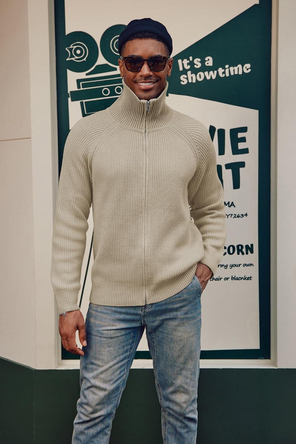 imagePJ PAUL JONES Mens Full Zip Cardigan Sweaters Unisex Relax Fit Lapel Collar Raglan Sleeve Casual Ribbed SweaterApricot