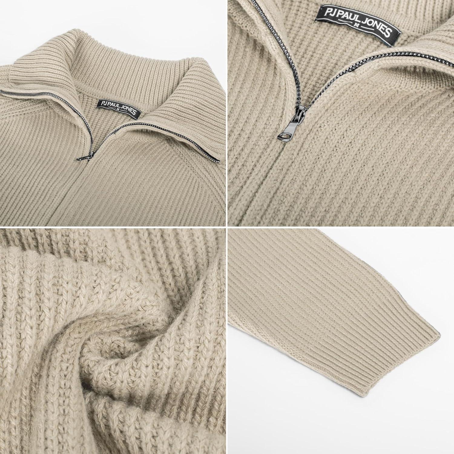 imagePJ PAUL JONES Mens Full Zip Cardigan Sweaters Unisex Relax Fit Lapel Collar Raglan Sleeve Casual Ribbed SweaterApricot