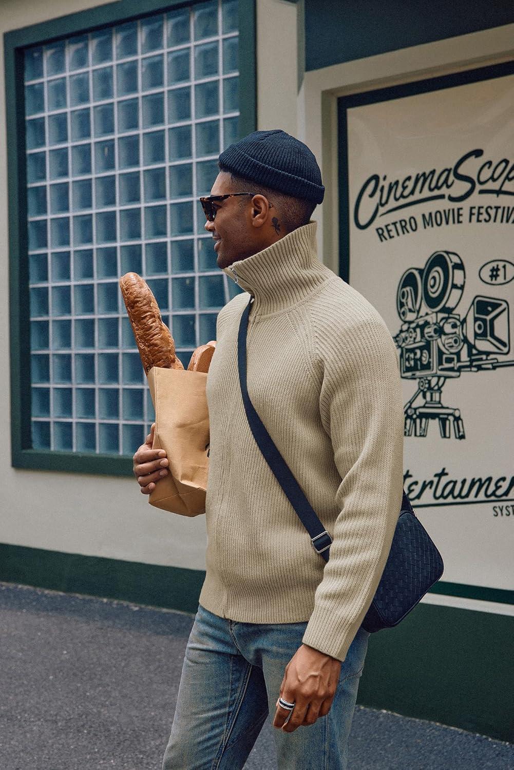 imagePJ PAUL JONES Mens Full Zip Cardigan Sweaters Unisex Relax Fit Lapel Collar Raglan Sleeve Casual Ribbed SweaterApricot