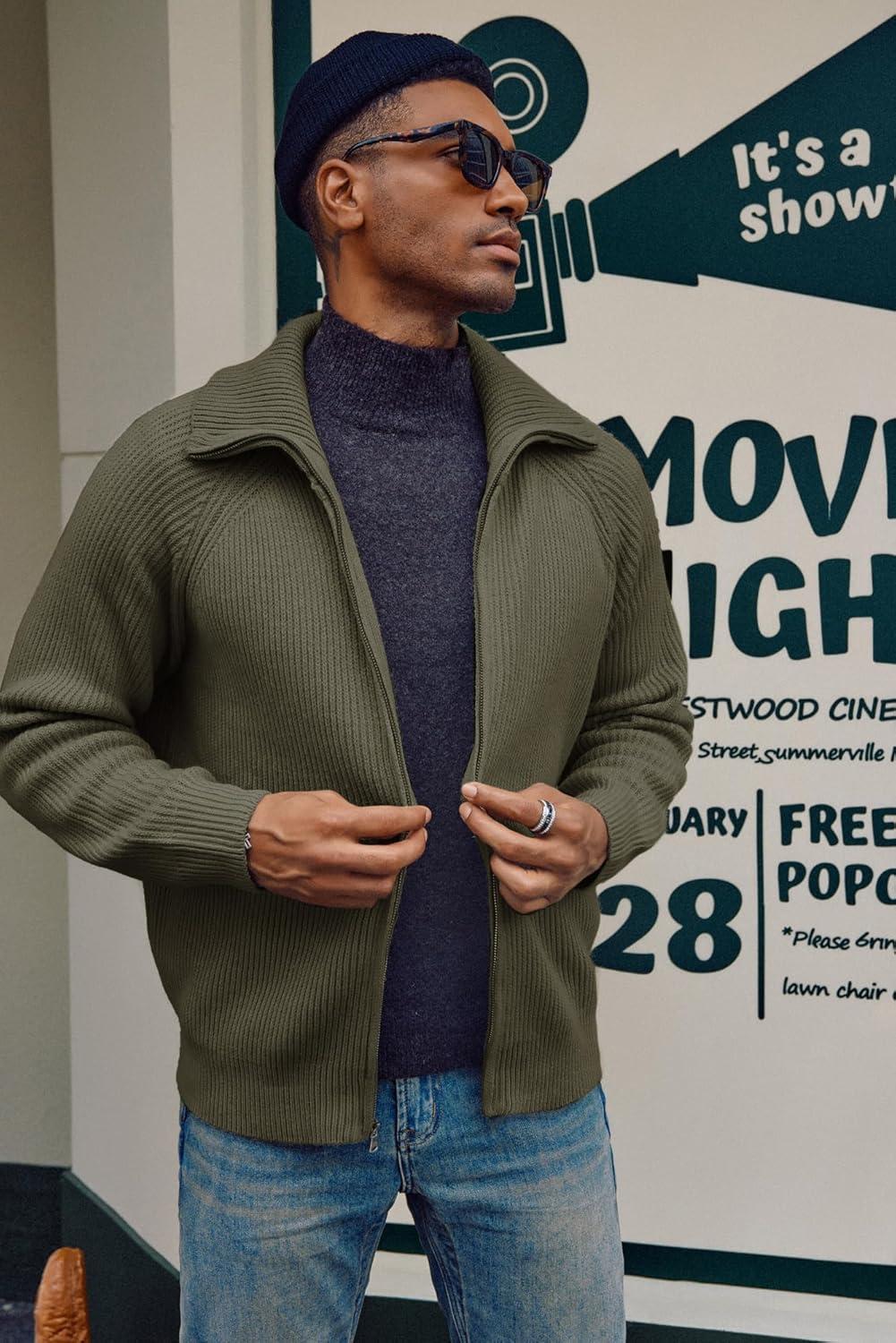 imagePJ PAUL JONES Mens Full Zip Cardigan Sweaters Unisex Relax Fit Lapel Collar Raglan Sleeve Casual Ribbed SweaterArmy Green