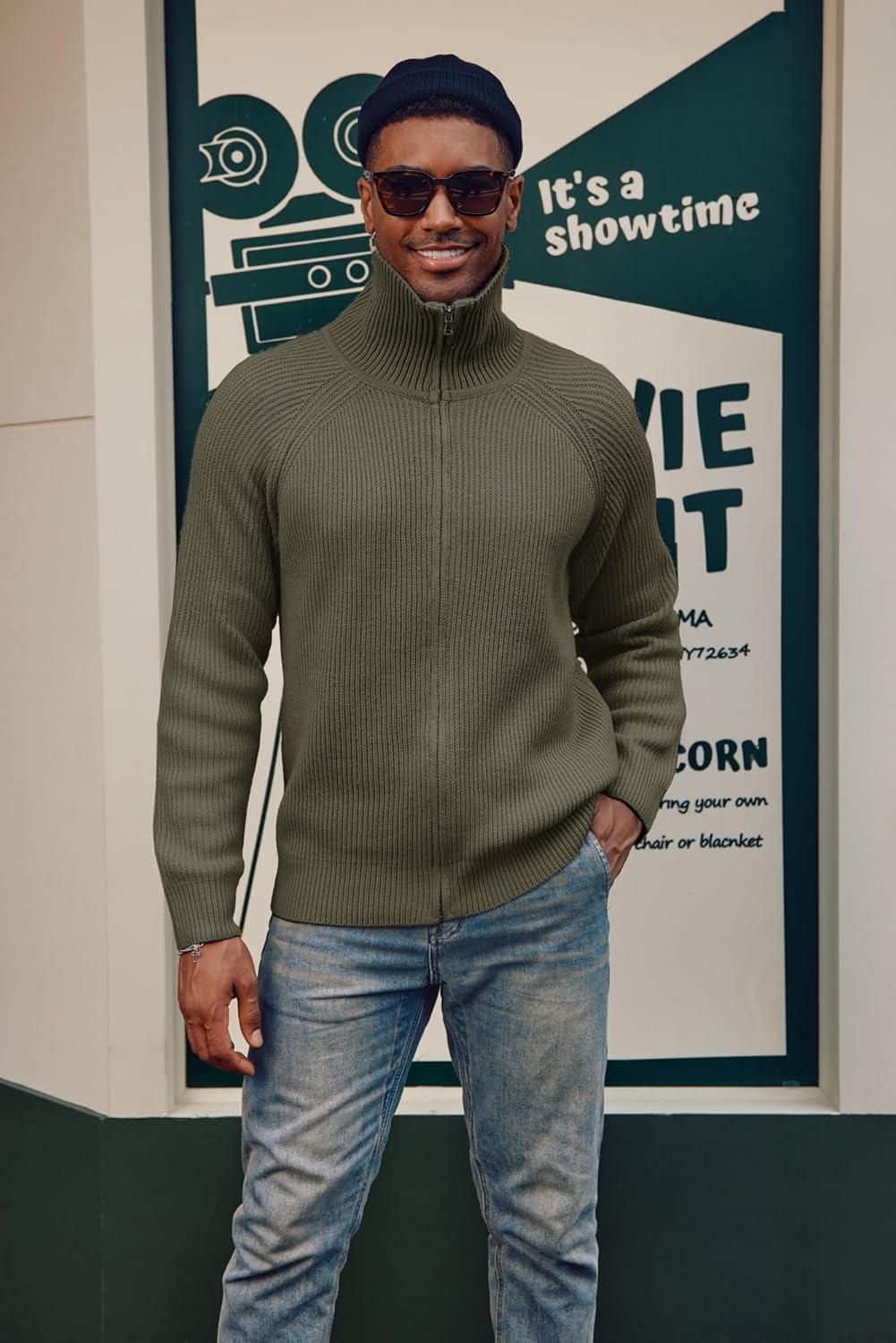 imagePJ PAUL JONES Mens Full Zip Cardigan Sweaters Unisex Relax Fit Lapel Collar Raglan Sleeve Casual Ribbed SweaterArmy Green