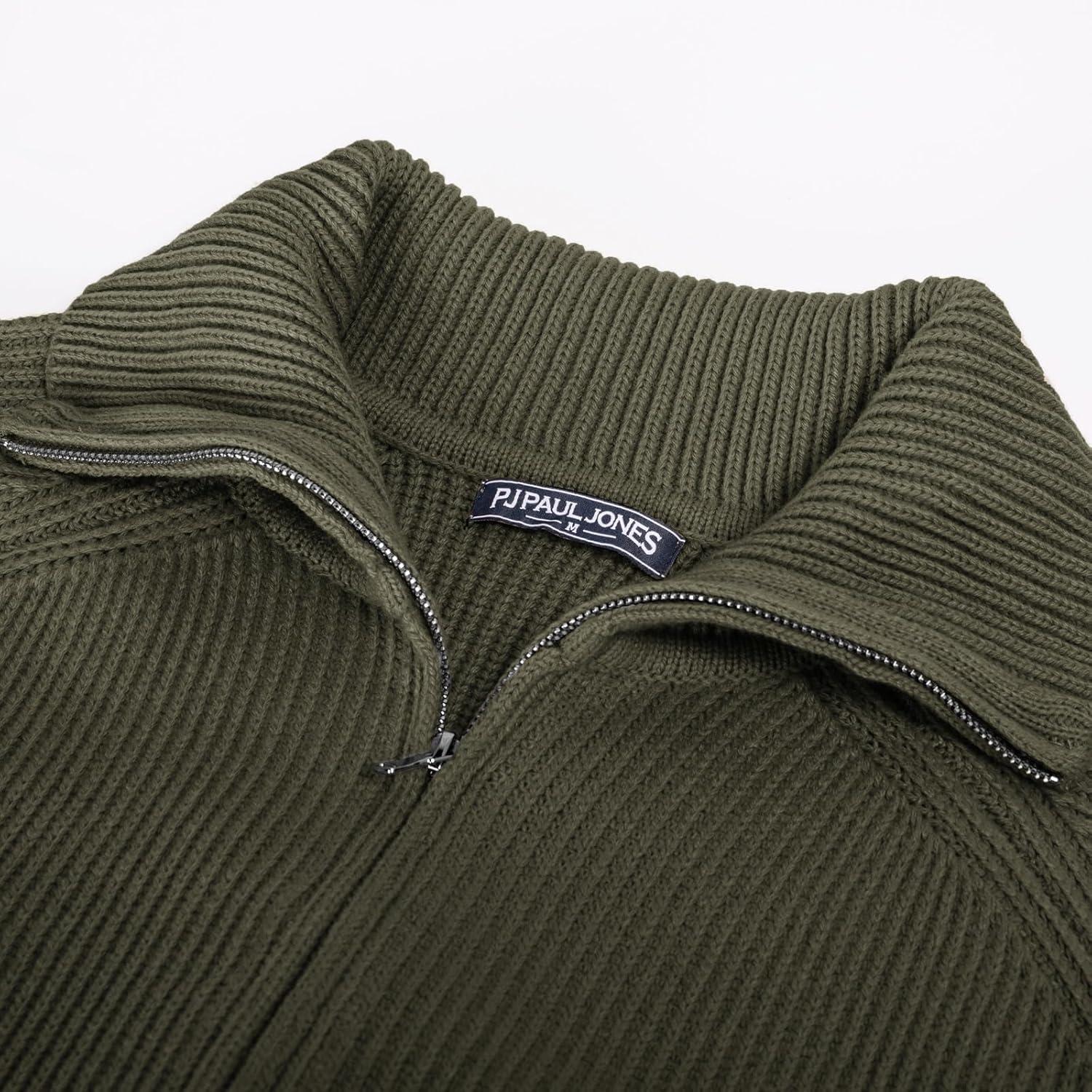 imagePJ PAUL JONES Mens Full Zip Cardigan Sweaters Unisex Relax Fit Lapel Collar Raglan Sleeve Casual Ribbed SweaterArmy Green